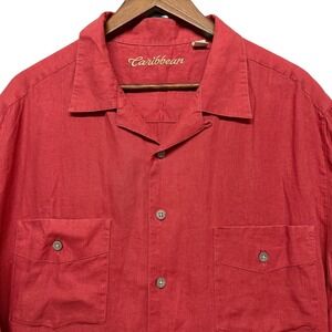 Caribbean Shirt Mens XLT Red 100% Linen Short Sleeve Camp Guayabera Style Button
